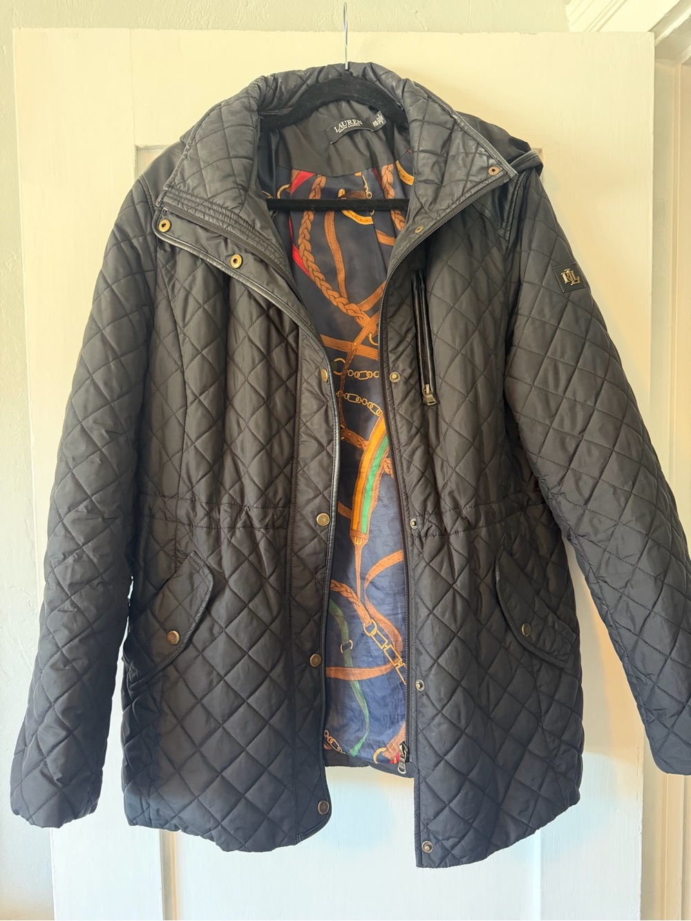 Ralph Lauren XXL Quilted Black Jacket with Patterned Lining Preppy Old Money
